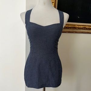 Pinilopi light navy and white mini plaid sleeveless top with back zipper, France
